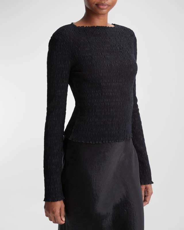 Smocked Long-Sleeve Cotton Top